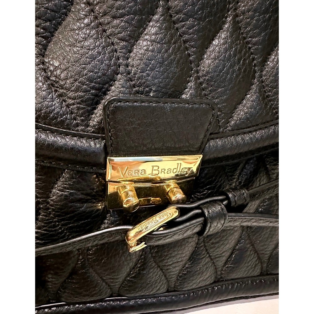 Vera Bradley Black Quilted Leather Satchel Crossbody Bag Gold Hardware Purse EUC - Picture 14 of 16
